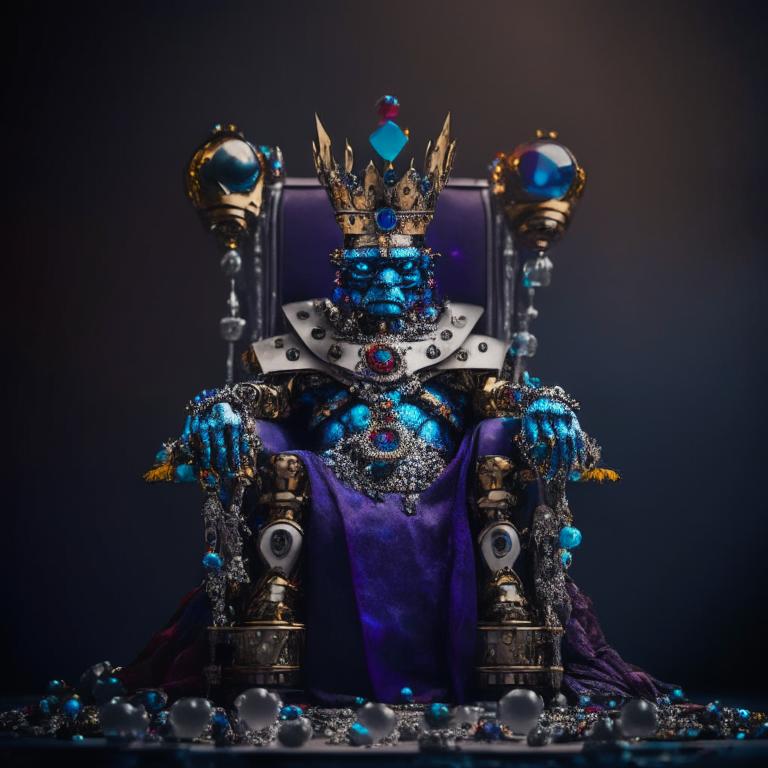 робот царь с коронной украшенной драгоценными камнями сидит на троне раздумывая о судьбе человечества
